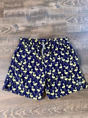 Tom & Teddy Navy Swim Trunks with Yellow Flamingo Print